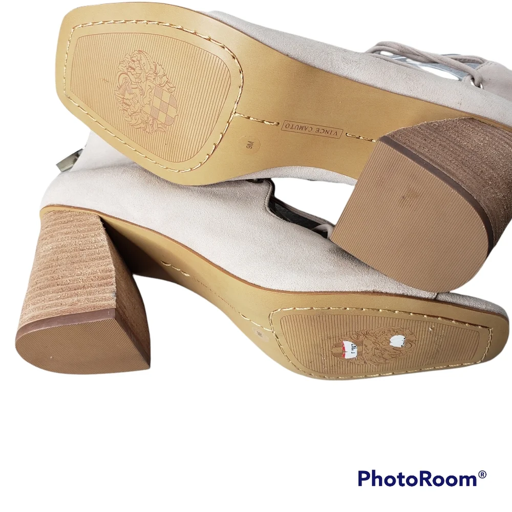 Vince Camuto Nahara Suede Laced Zipback Square Toe Cuban Heel Sandals NWOT 9